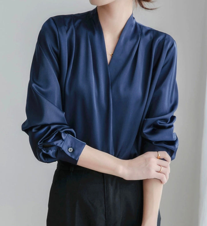 Draped Satin Blouse With Long Sleeves For Women By Lila