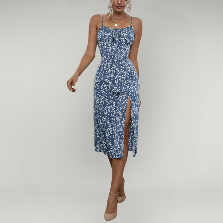 Floral Print Midi Dress With Spaghetti Straps And Front Slit For Women