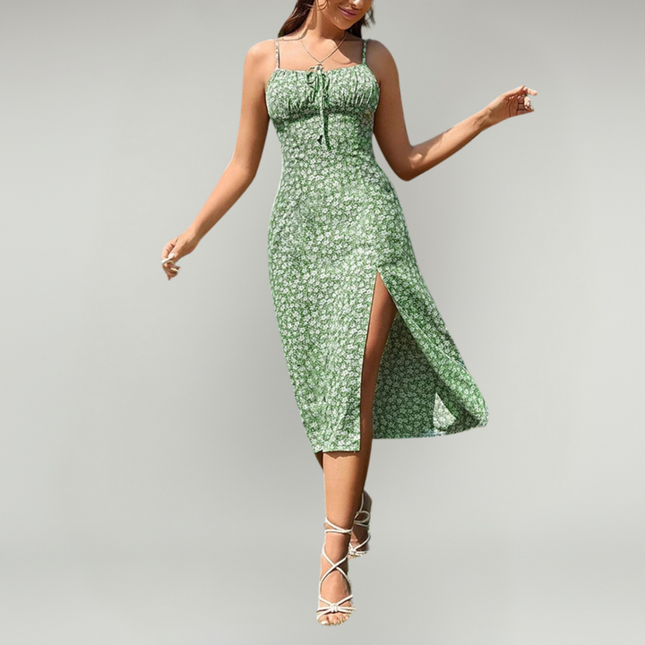 Floral Print Midi Dress With Spaghetti Straps And Front Slit For Women