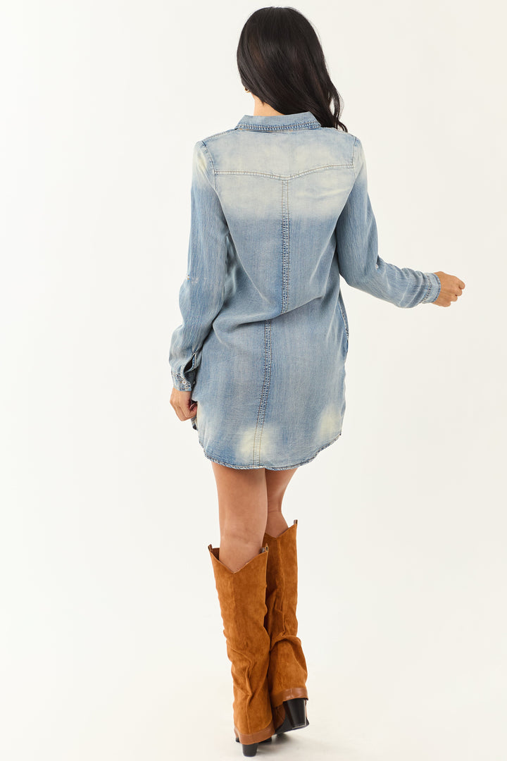 Chic Medium Vintage Wash Chambray Button Down Mini Dress