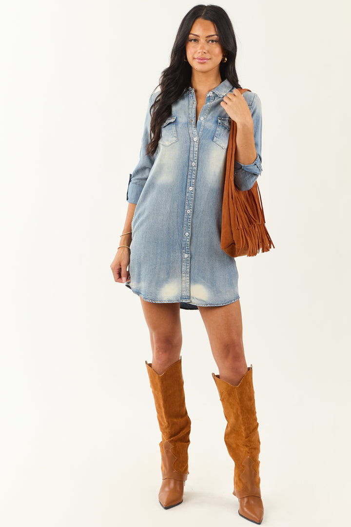 Chic Medium Vintage Wash Chambray Button Down Mini Dress