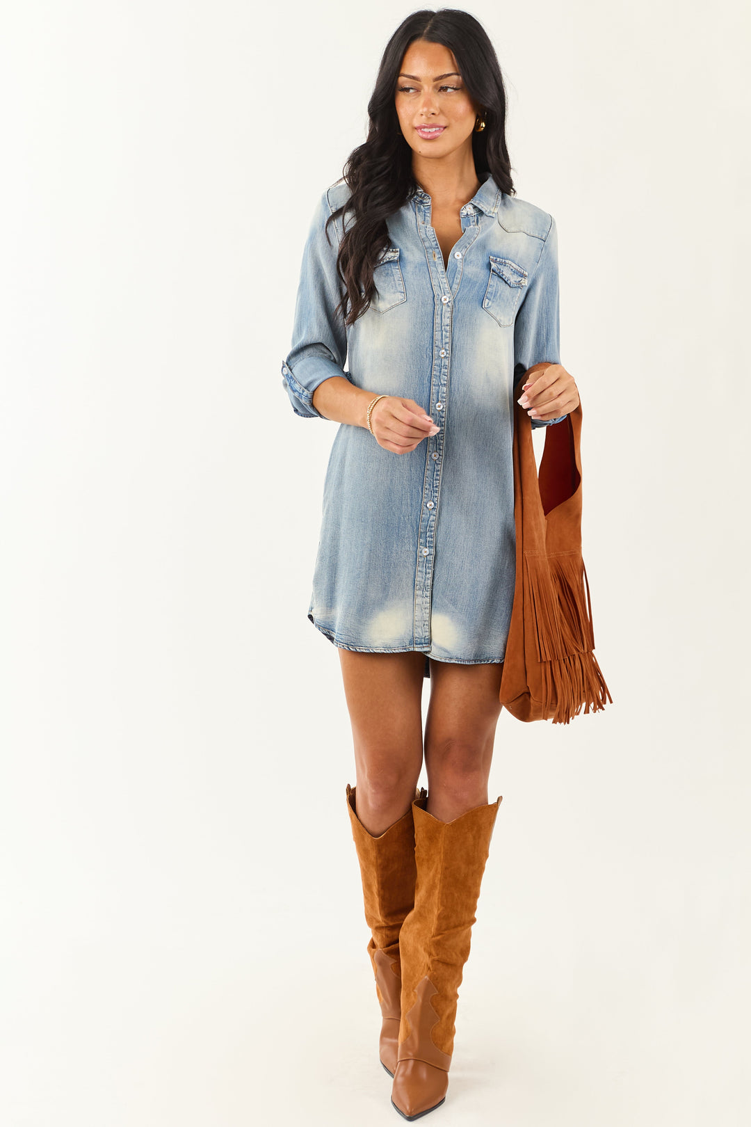 Chic Medium Vintage Wash Chambray Button Down Mini Dress