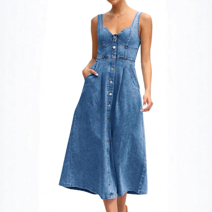 Nova Classic Sleeveless Button Front Denim Dress For Women