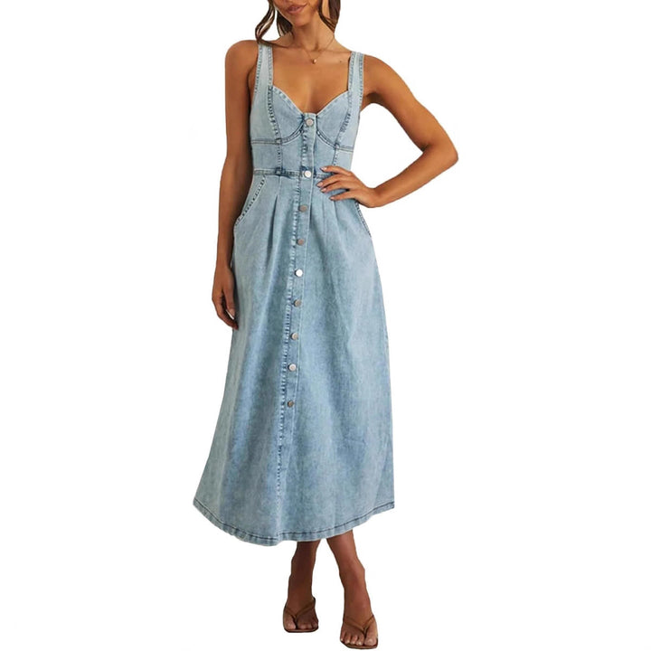 Nova Classic Sleeveless Button Front Denim Dress For Women
