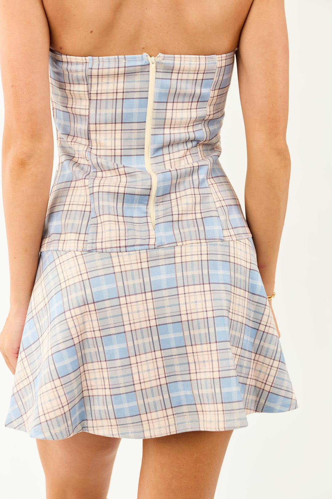 Powder Blue Plaid Strapless Mini Dress With Soft Knit