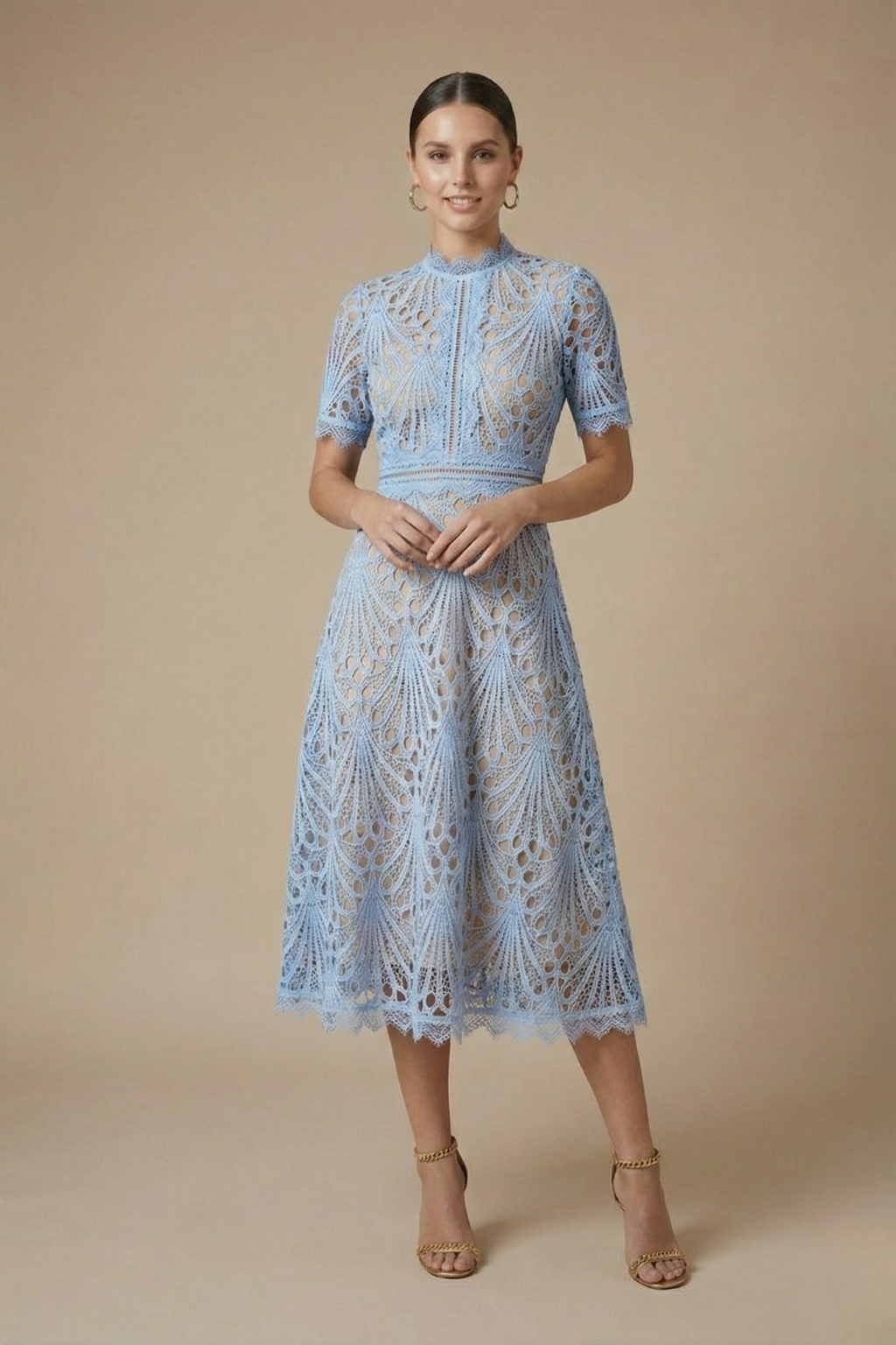 Women's Lace Midi Dress With High Neckline And Short Sleeves A-Line Silhouette