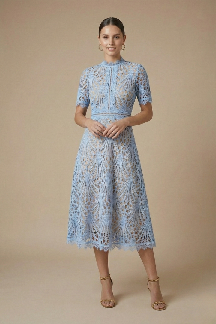 Women's Lace Midi Dress With High Neckline And Short Sleeves A-Line Silhouette