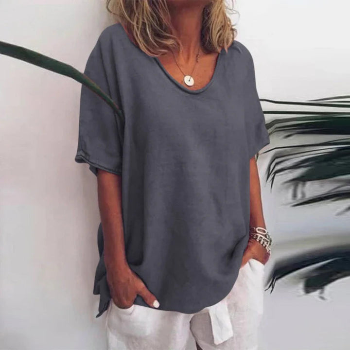 Relaxed Linen-Blend Short Sleeve Top For Women Asteria