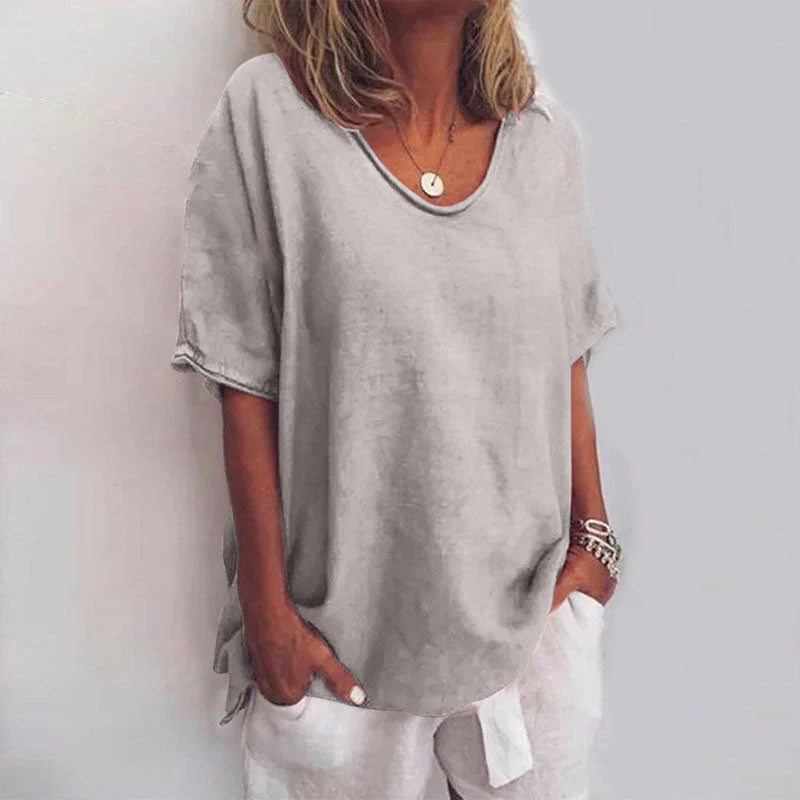 Relaxed Linen-Blend Short Sleeve Top For Women Asteria
