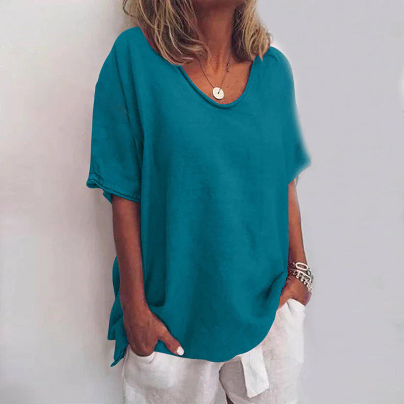 Relaxed Linen-Blend Short Sleeve Top For Women Asteria