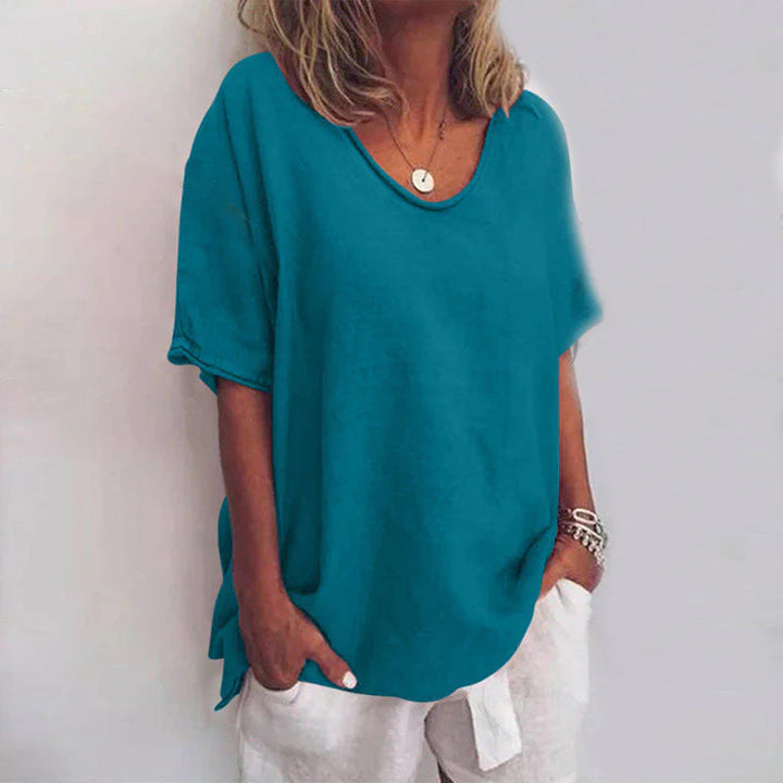 Relaxed Linen-Blend Short Sleeve Top For Women Asteria