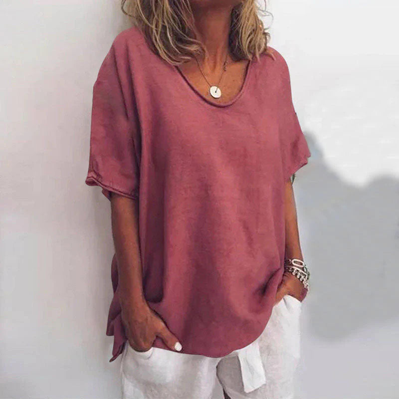 Relaxed Linen-Blend Short Sleeve Top For Women Asteria