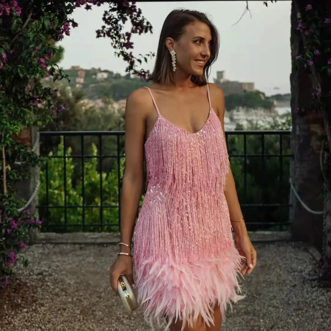 Aurora Women's Cocktail Dress With Fringe Feathers