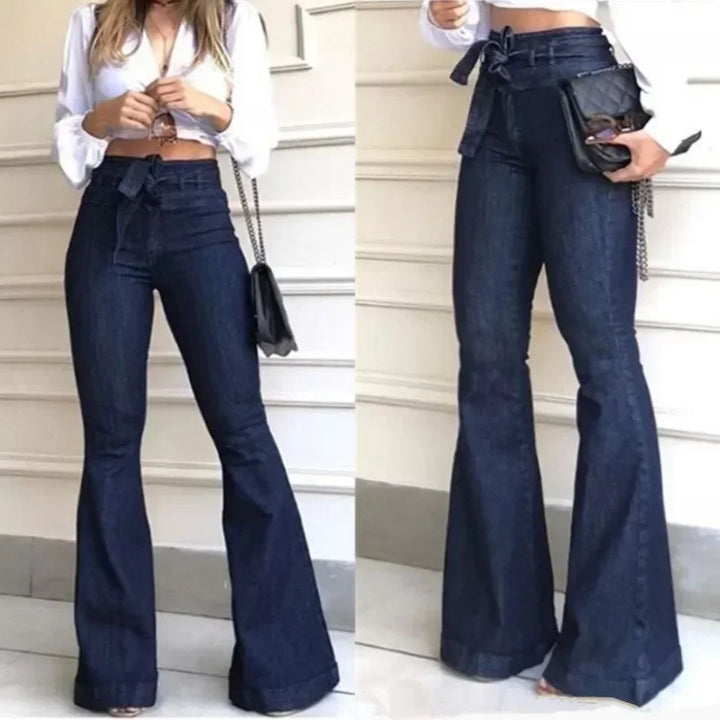 Women's High Waist Flare Jeans With Patchwork Zipper Fly