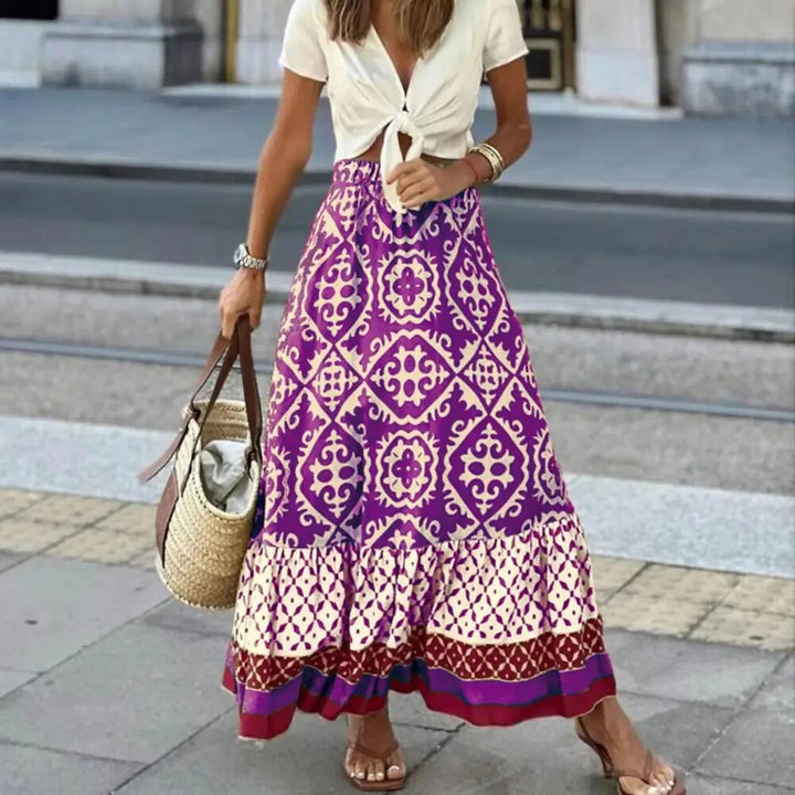 Sierra Bloom Women's Boho Maxi Skirt With High Waist Floral Print Ruffle
