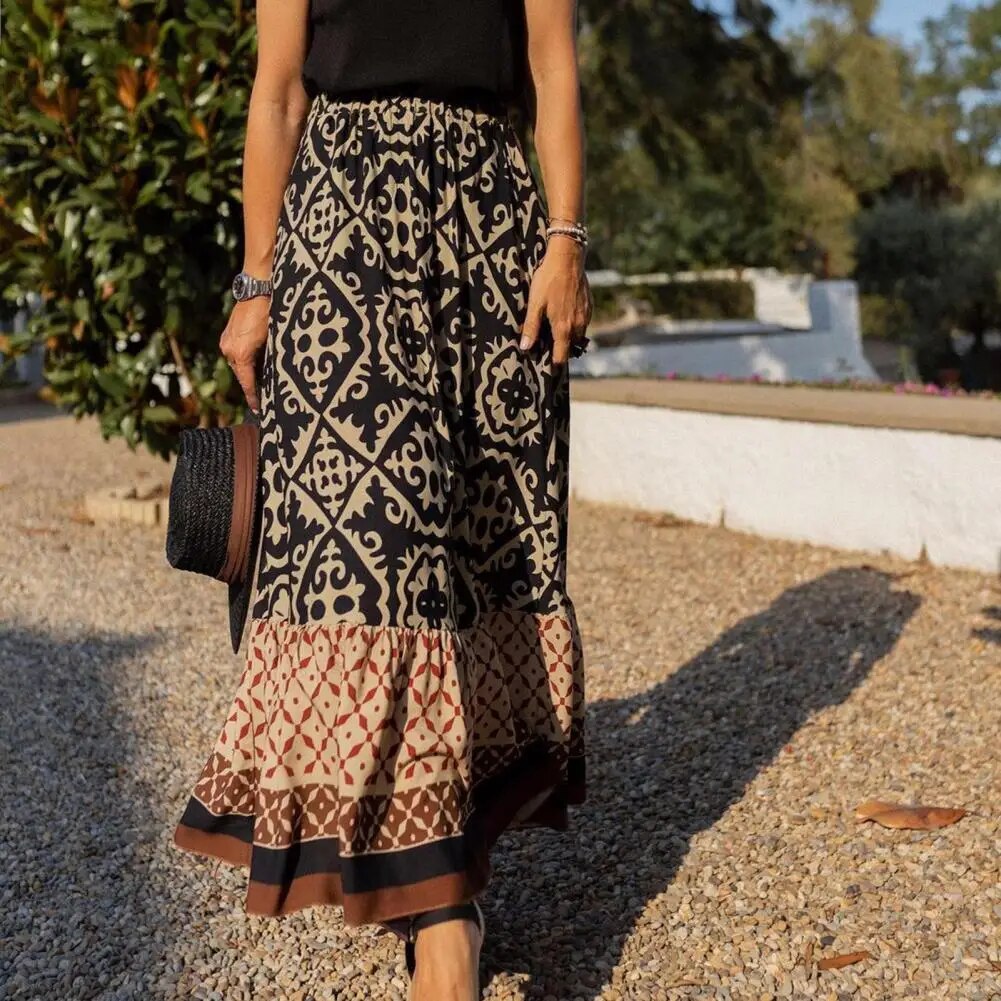 Sierra Bloom Women's Boho Maxi Skirt With High Waist Floral Print Ruffle