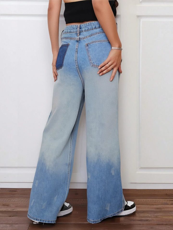 Women's Loose Fit Straight Jeans With Color Block Pockets