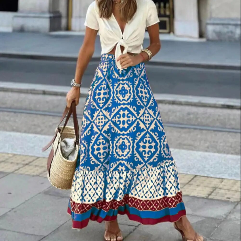 Sierra Bloom Women's Boho Maxi Skirt With High Waist Floral Print Ruffle