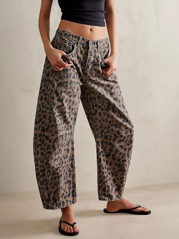 Women's Leopard Print Y2K Wide Leg Jeans With Mid Waist