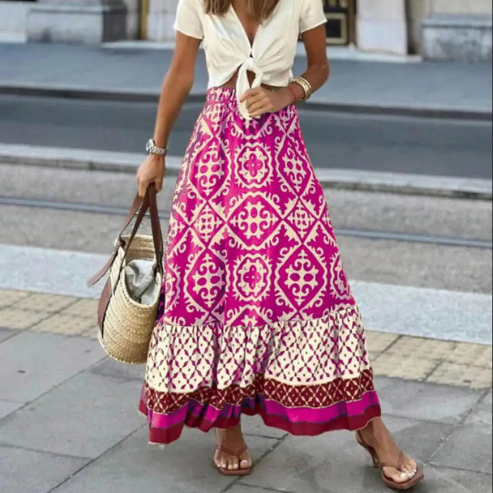 Sierra Bloom Women's Boho Maxi Skirt With High Waist Floral Print Ruffle