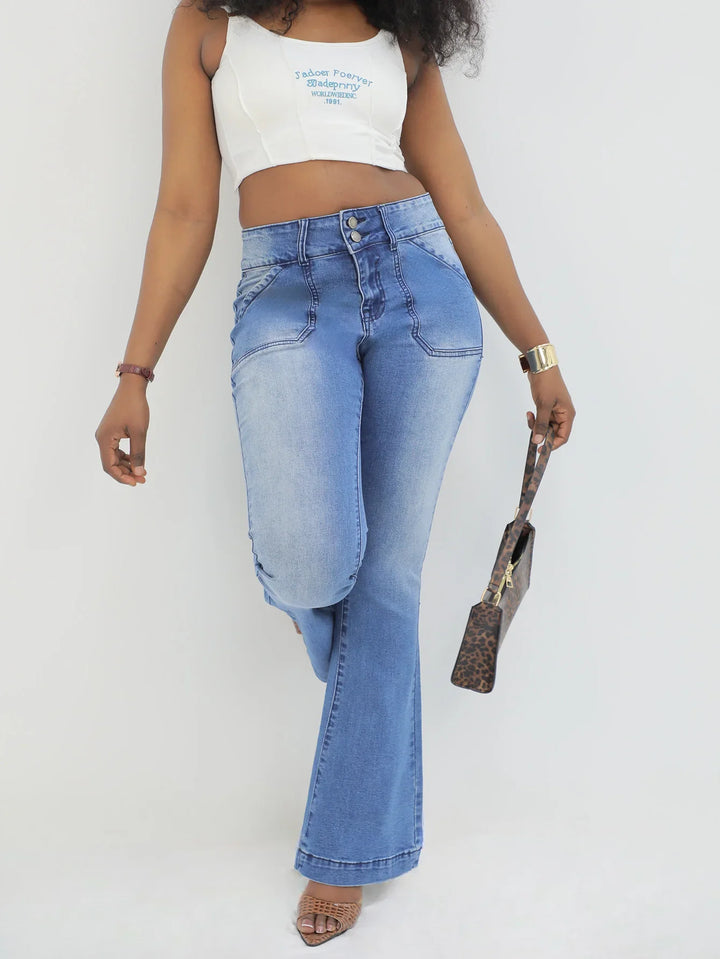 Women's Light Blue Flare Jeans With Stretch Fabric Figure Hugging Fit