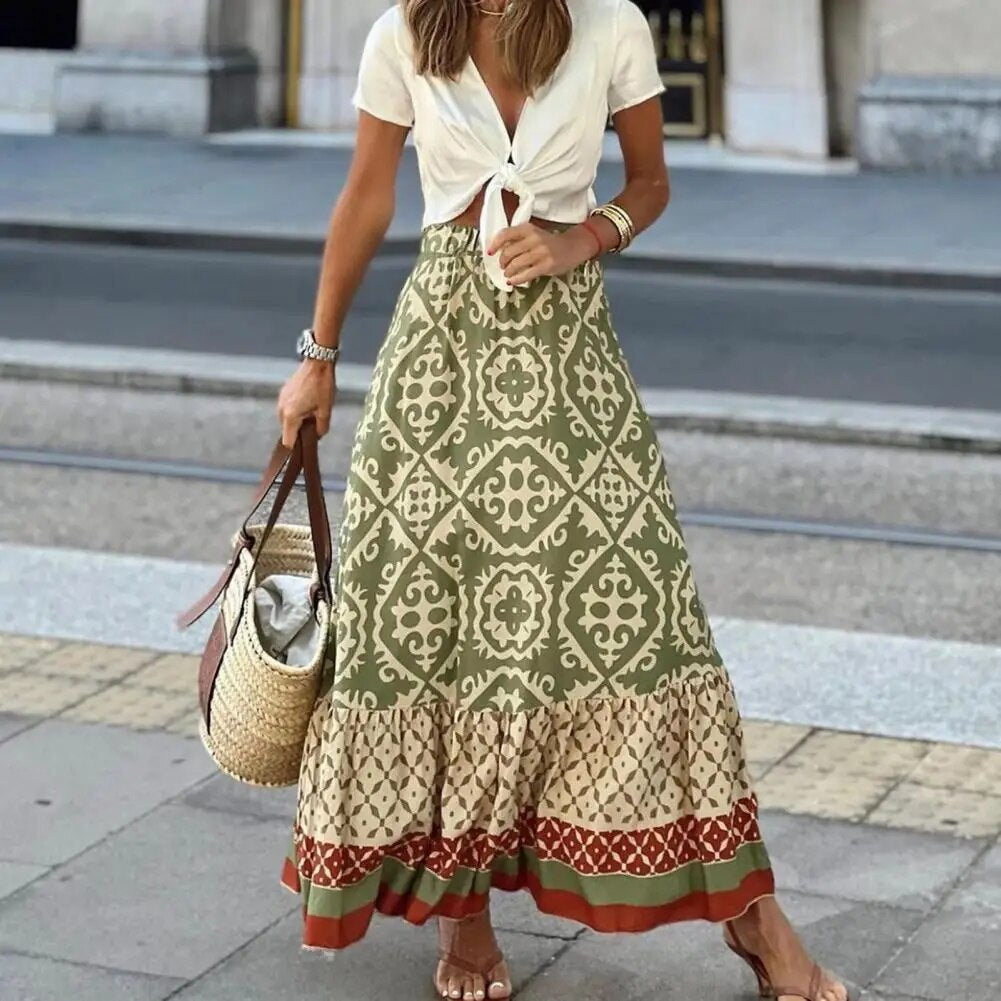 Sierra Bloom Women's Boho Maxi Skirt With High Waist Floral Print Ruffle