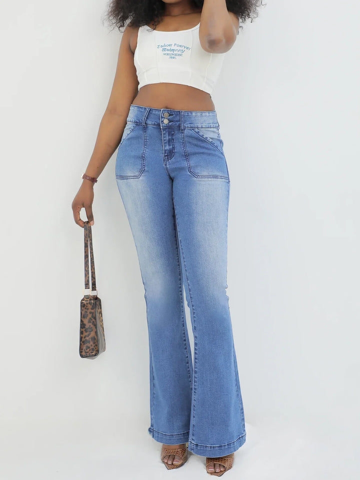 Women's Light Blue Flare Jeans With Stretch Fabric Figure Hugging Fit