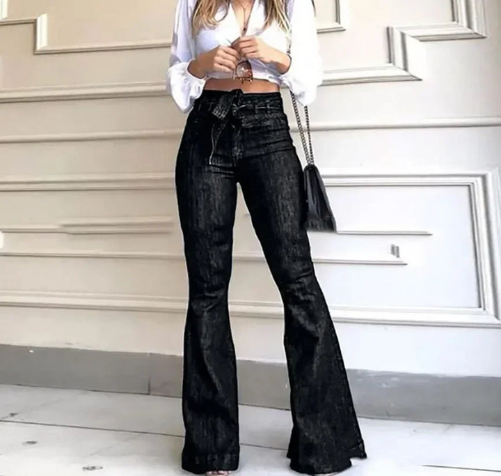 Women's High Waist Flare Jeans With Patchwork Zipper Fly