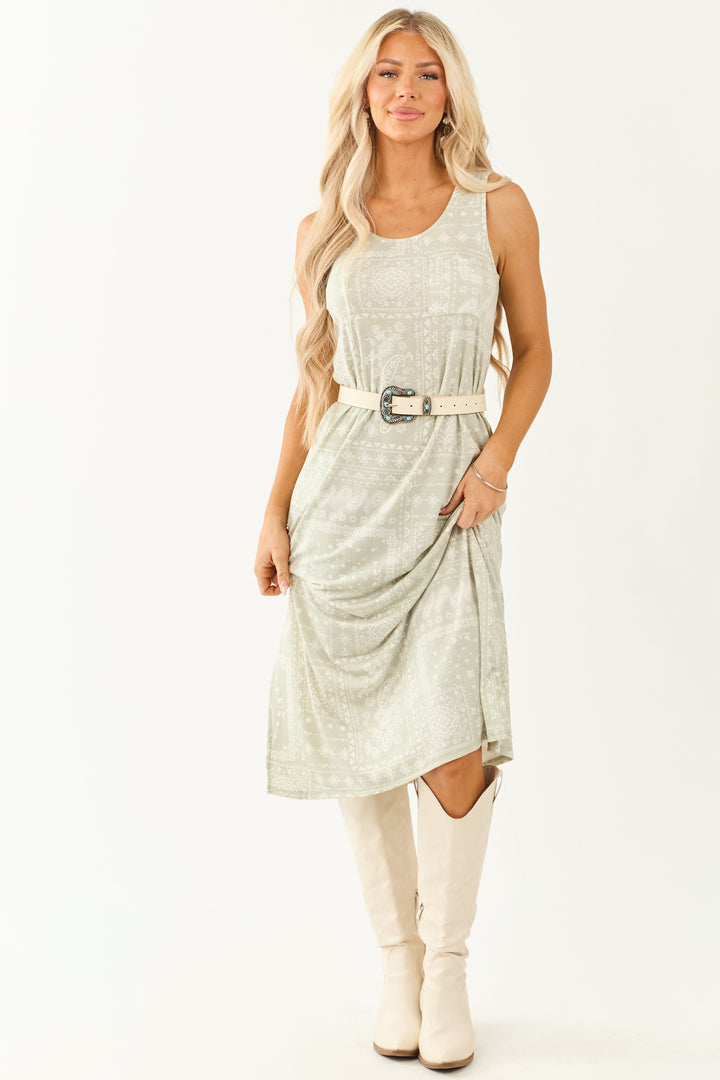 Sage Green Bandana Print Sleeveless Knit Midi Dress for Women