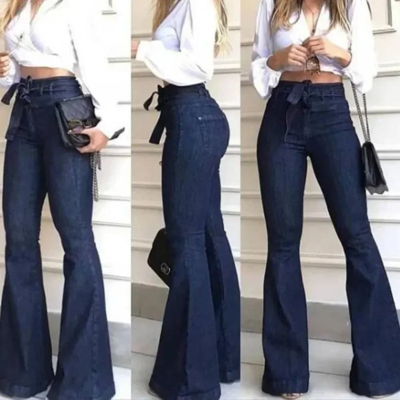 Women's High Waist Flare Jeans With Patchwork Zipper Fly