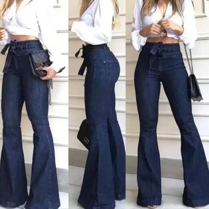 Women's High Waist Flare Jeans With Patchwork Zipper Fly