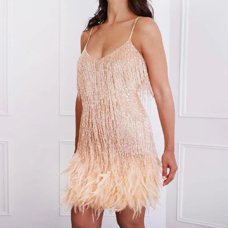 Aurora Women's Cocktail Dress With Fringe Feathers