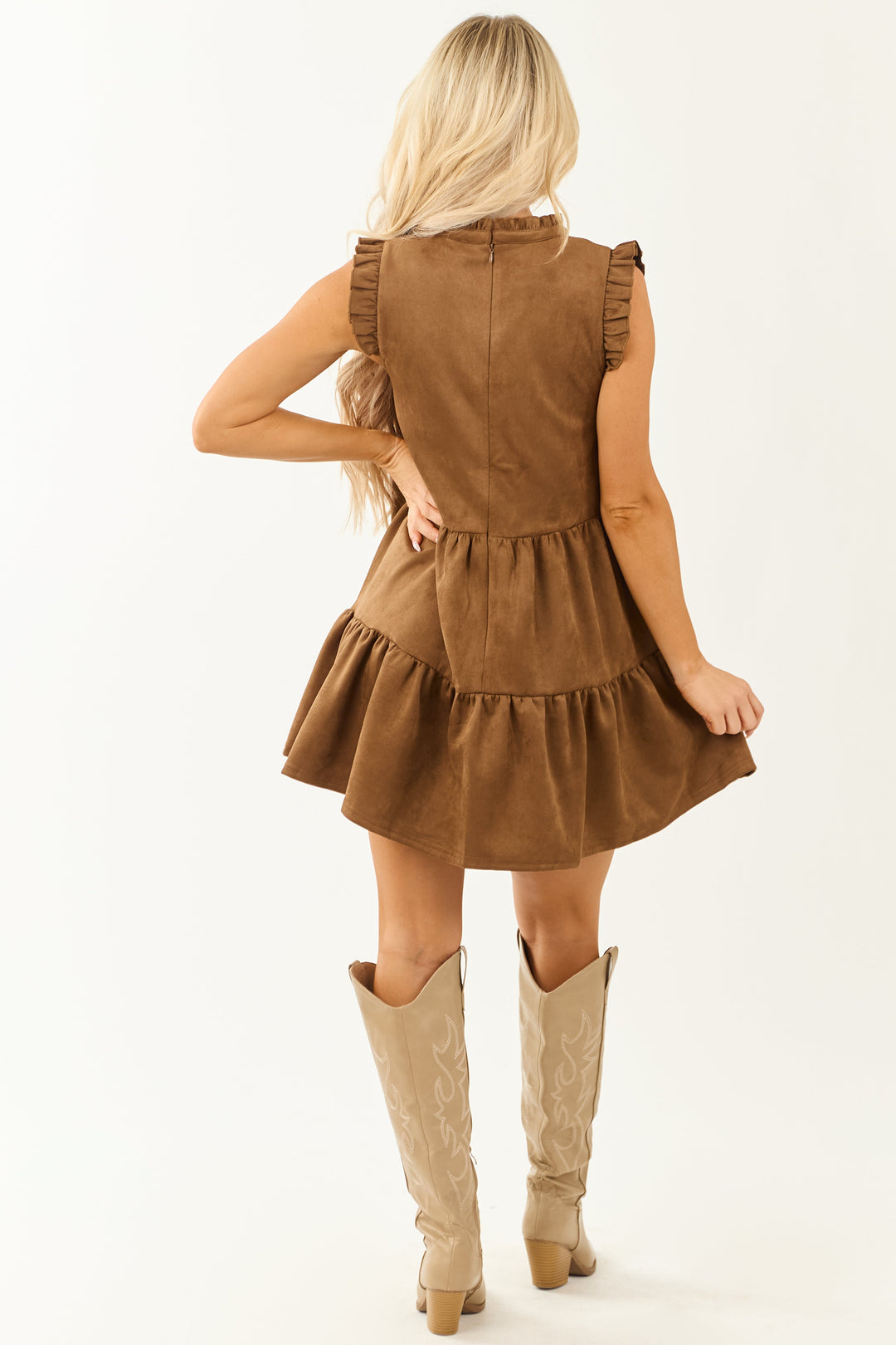 Aurora Sepia Faux Suede Mini Dress Frill Cuffs Tent Style