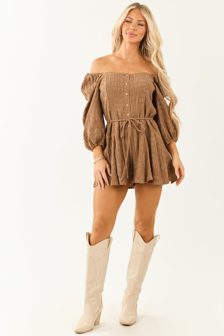 Sepia Velvet Puff Sleeve Romper Textured Wide Leg Jumpsuit