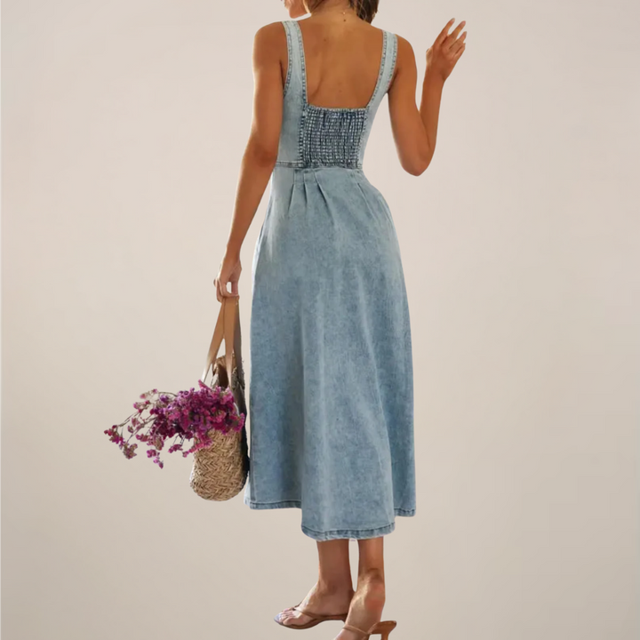 Sleeveless Button Front Denim Midi Dress With Timeless Style And Effortless Appeal