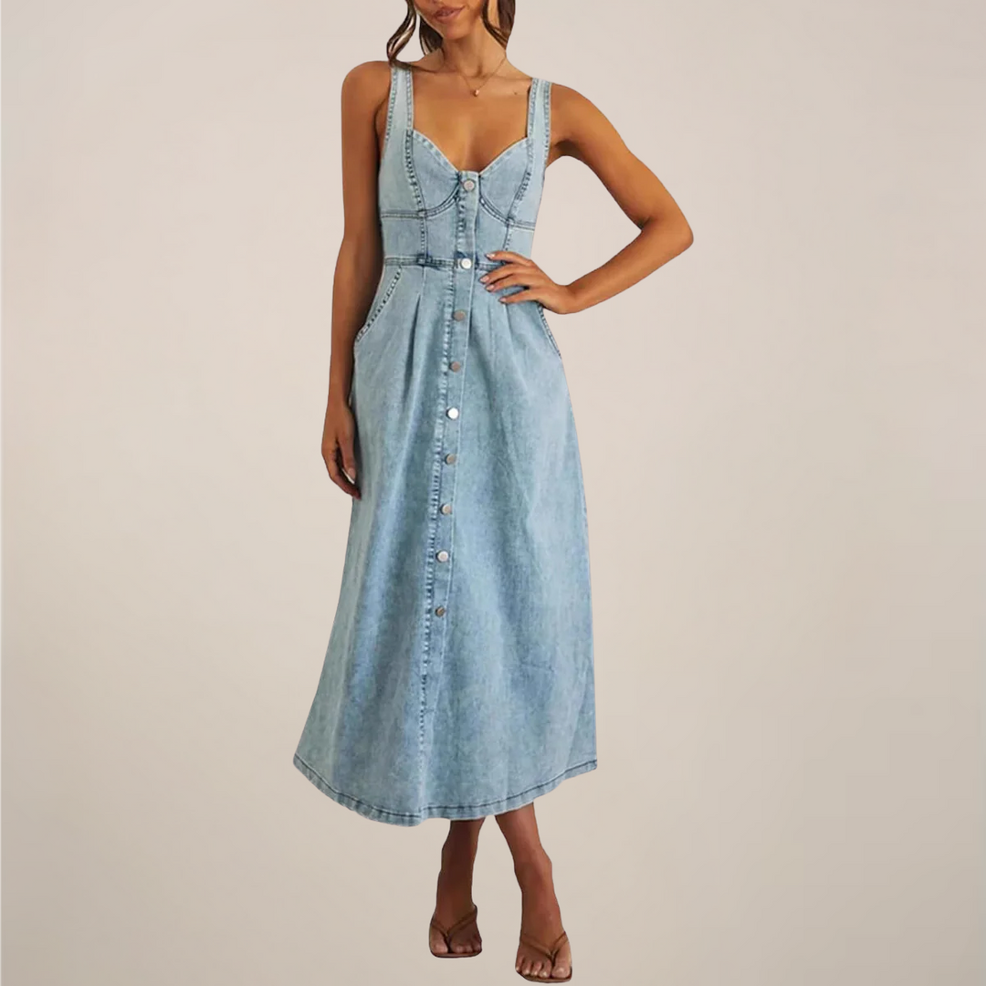 Sleeveless Button Front Denim Midi Dress With Timeless Style And Effortless Appeal