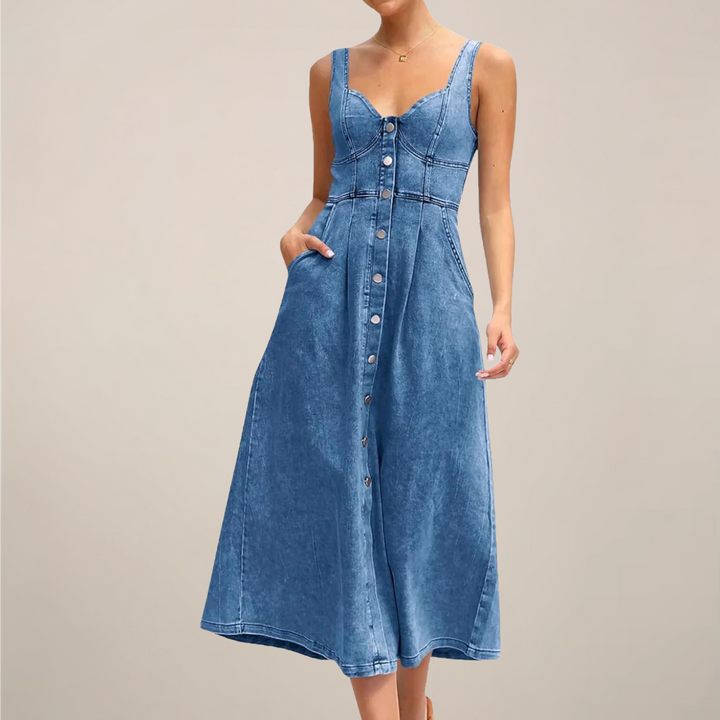 Sleeveless Button Front Denim Midi Dress With Timeless Style And Effortless Appeal