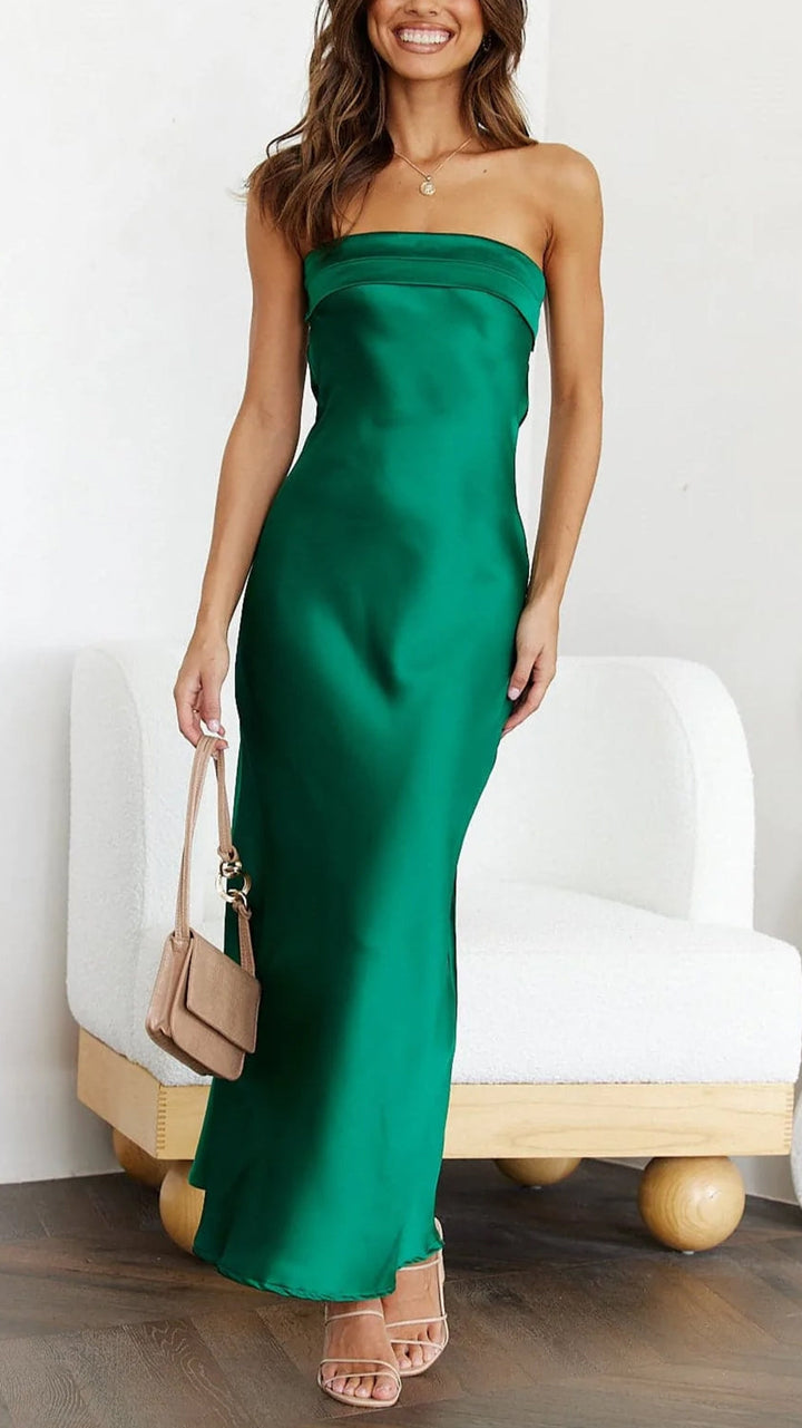 Elara Women’s Straight Neck Satin Maxi Evening Dress