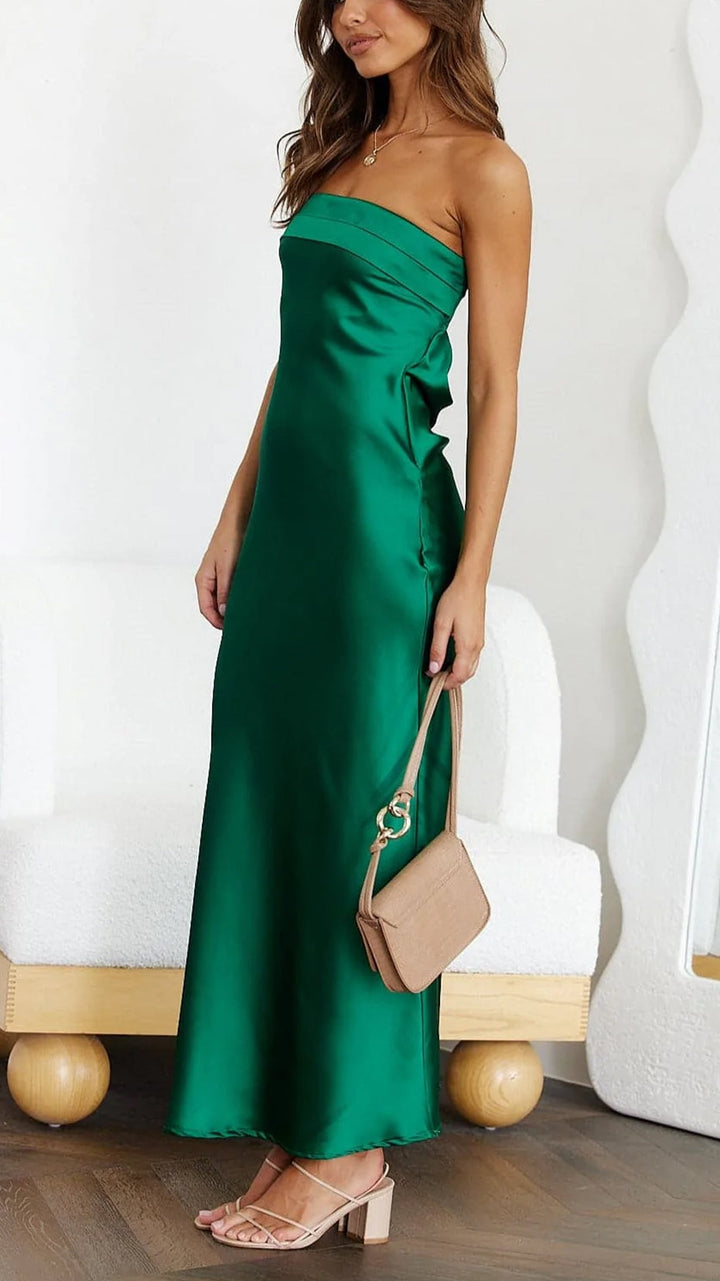 Elara Women’s Straight Neck Satin Maxi Evening Dress