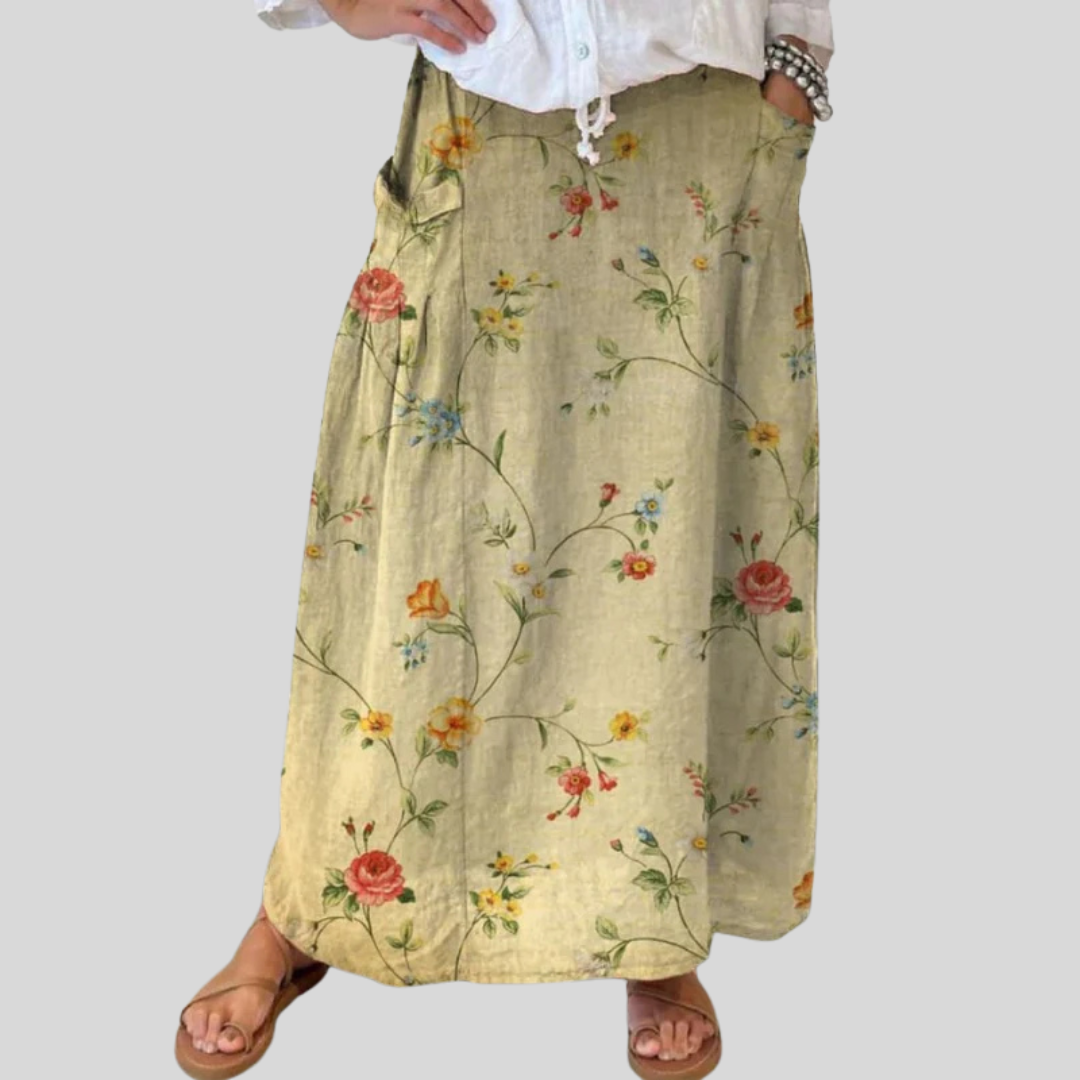 NovaVelle Signature Retro Elegant Floral Art Elastic Waistband Pocket Skirt