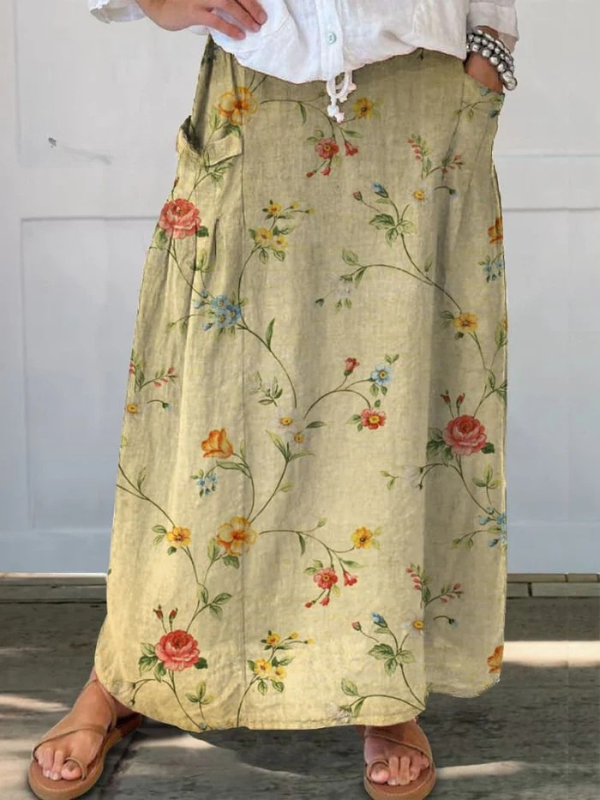 NovaVelle Signature Retro Elegant Floral Art Elastic Waistband Pocket Skirt