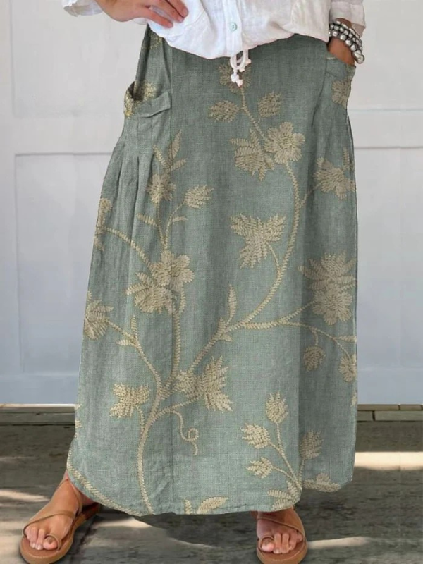 NovaVelle Signature Retro Elegant Floral Art Elastic Waistband Pocket Skirt