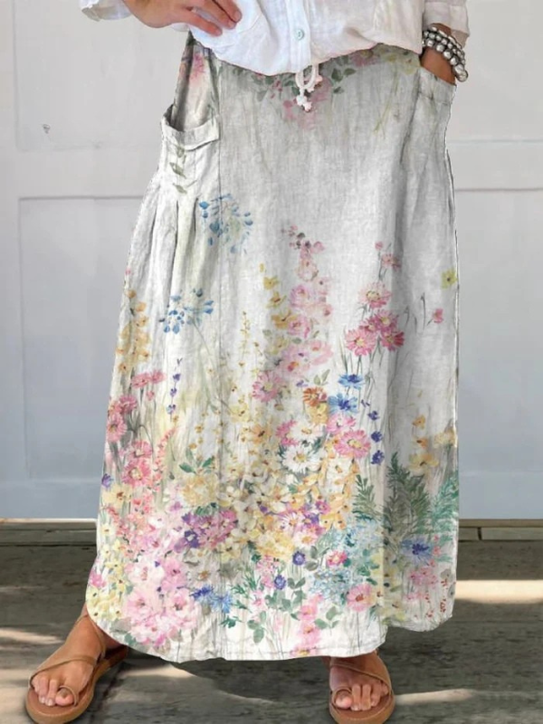 NovaVelle Signature Retro Elegant Floral Art Elastic Waistband Pocket Skirt