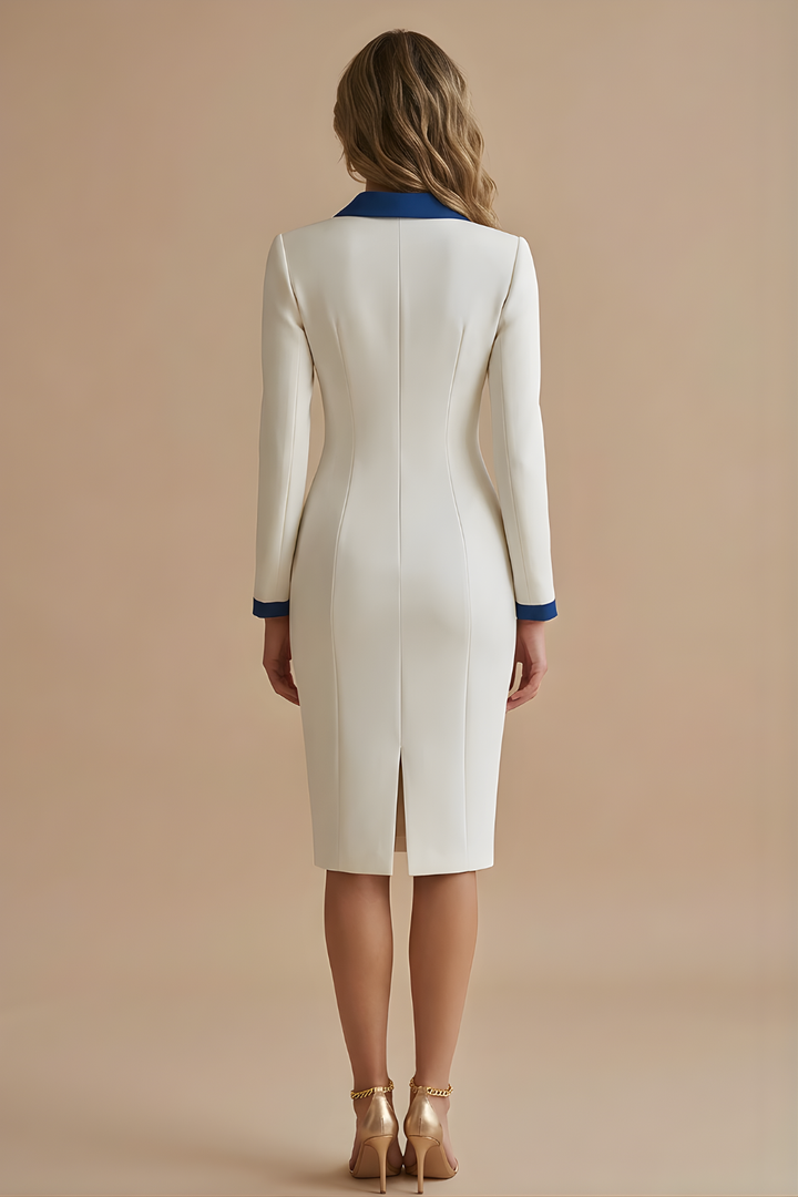 Women's Midi Dress With Contrast Collar And Gold Tone Buttons Long Sleeves