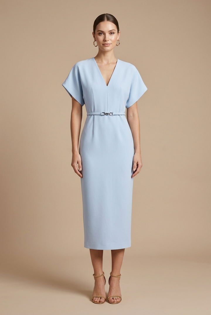 Elegant Women's Midi Dress With V Neck Batwing Sleeves And Belted Pencil Cut