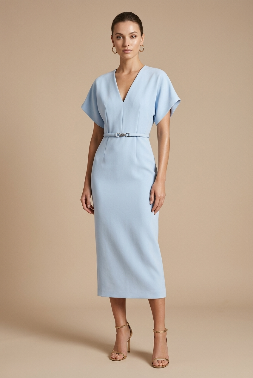 Elegant Women's Midi Dress With V Neck Batwing Sleeves And Belted Pencil Cut
