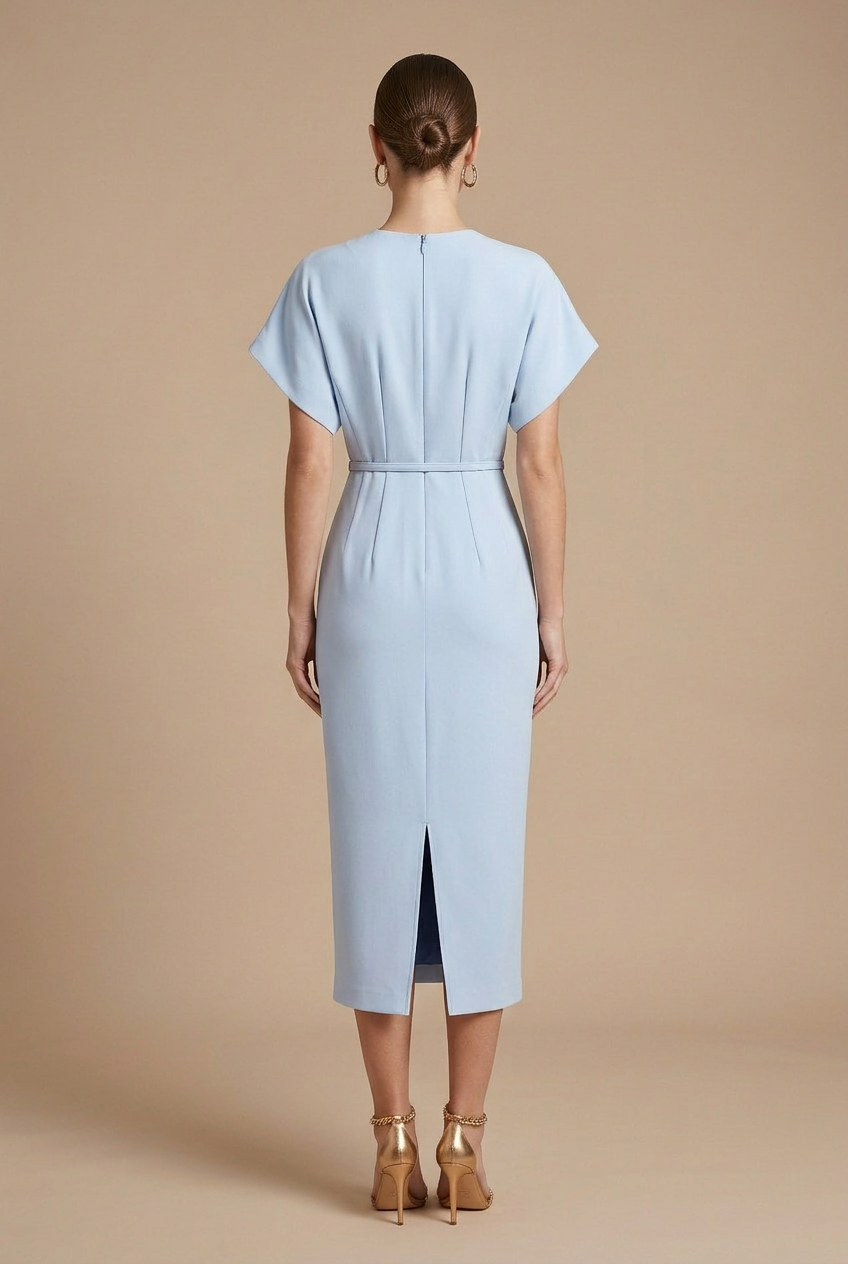 Elegant Women's Midi Dress With V Neck Batwing Sleeves And Belted Pencil Cut