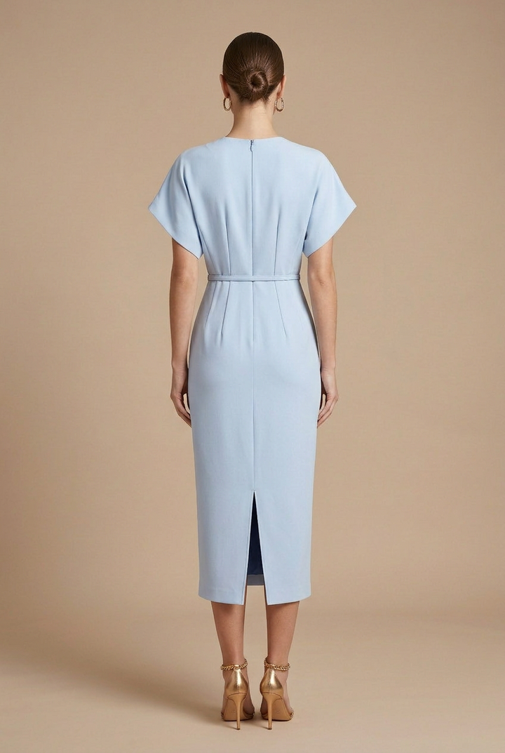 Elegant Women's Midi Dress With V Neck Batwing Sleeves And Belted Pencil Cut