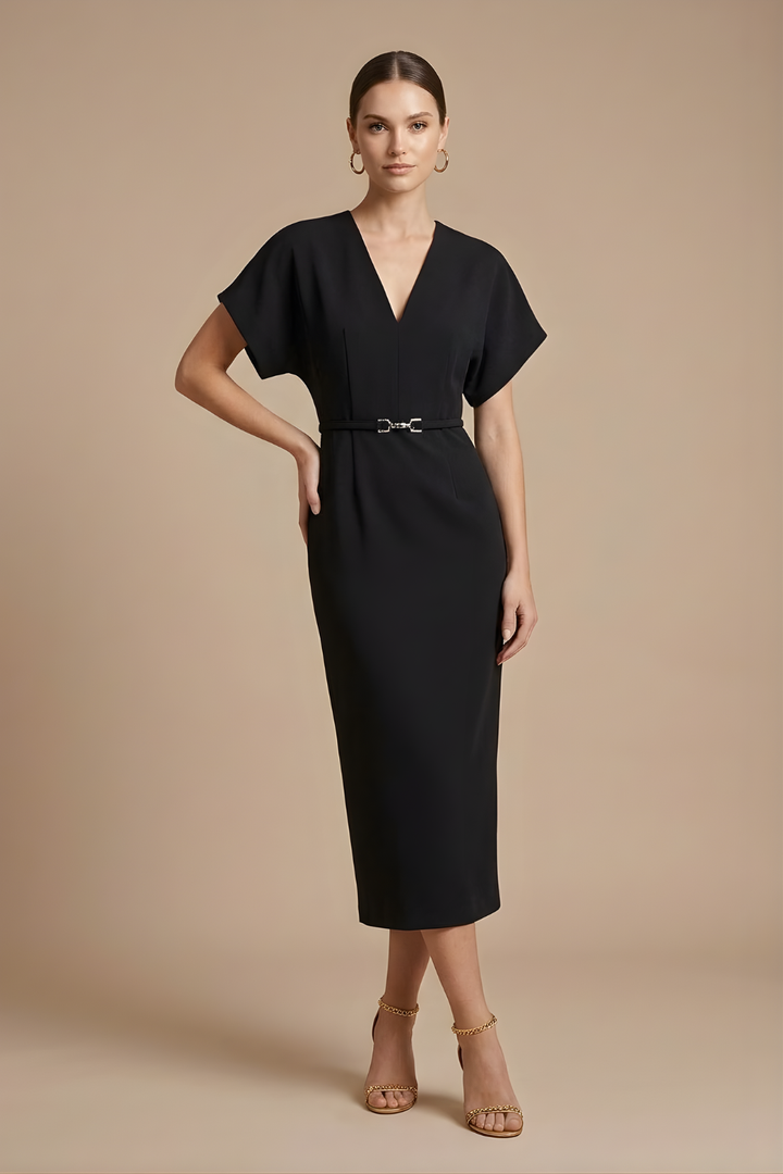 Elegant Women's Midi Dress With V Neck Batwing Sleeves And Belted Pencil Cut