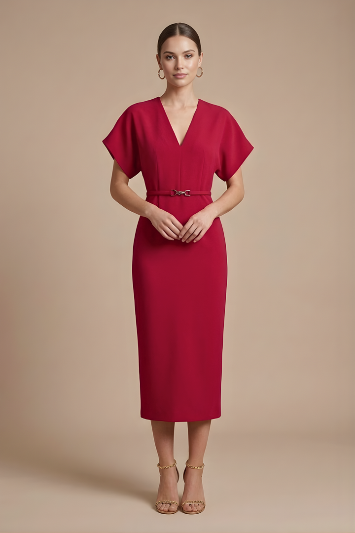 Elegant Women's Midi Dress With V Neck Batwing Sleeves And Belted Pencil Cut